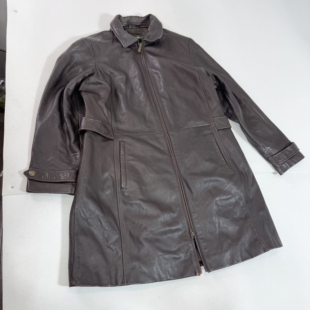 Eddie Bauer Coat Womens XL Brown Leather Full Zip Lined‎ Mid Length Pockets
